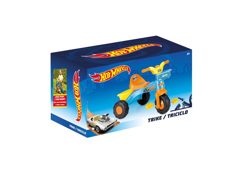 Verpakking voor een Hot Wheels driewieler met een groot voor- en achtermandje.