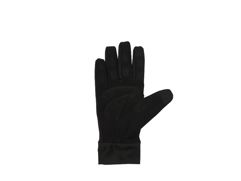 Zwarte sporthandschoen met getextureerde handpalm en vingertoppen, met 'GEL'-tekst.