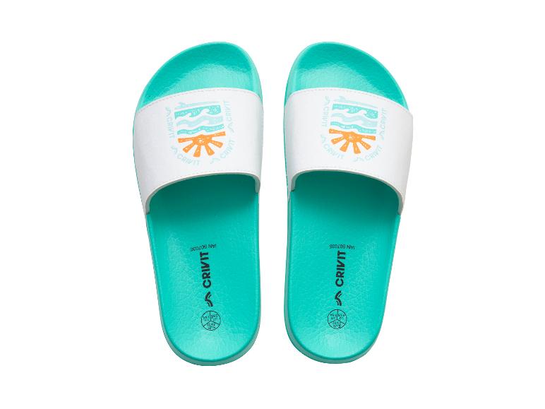 Turquoise en witte slippers met golf- en zonmotief, maat EUR 36/37.