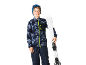 Jongen in ski-jas, broek, muts en bril, met ski's.