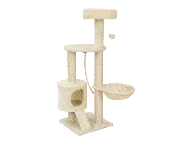 Beige krabpaal voor katten met mand, huisje, krabpalen en hangend speeltje.