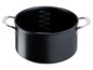 Een zwarte kookpot met zilveren handvatten en een volume-aanduiding.