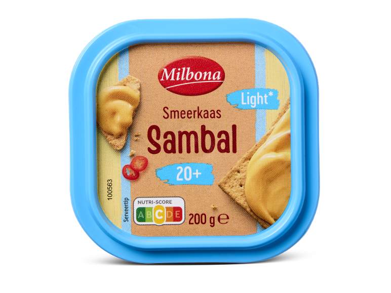 Milbona Smeerkaas Sambal 20+ Light in een kuipje van 200 g.