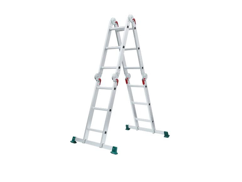 Parkside opvouwbare aluminium ladder met rode scharnieren en groene antislipvoeten.