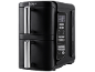 Zwarte dubbele airfryer met digitaal display en handgrepen.