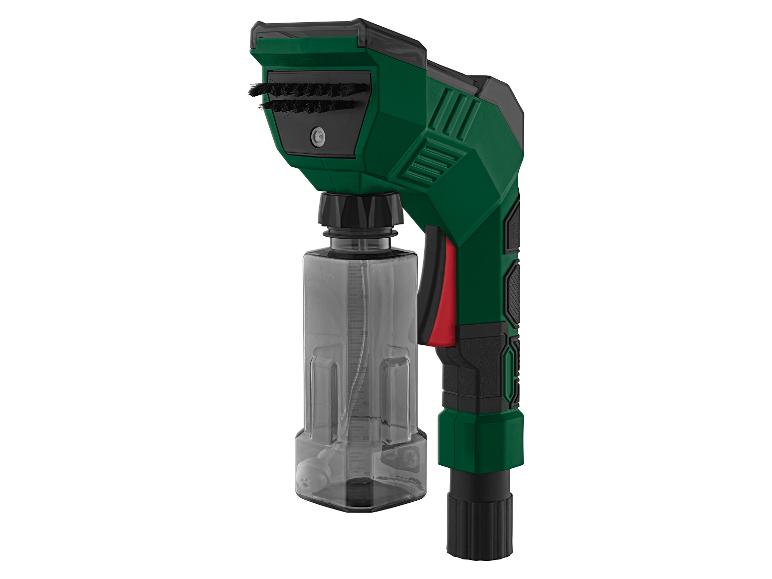 Groene en zwarte draadloze reinigingsborstel met een transparant vloeistofreservoir.