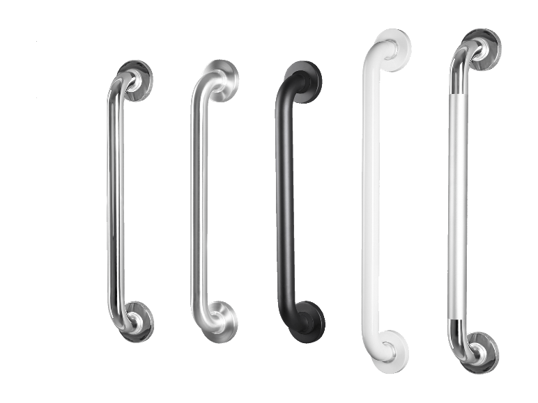 Vijf douchegrepen in verschillende kleuren en materialen.