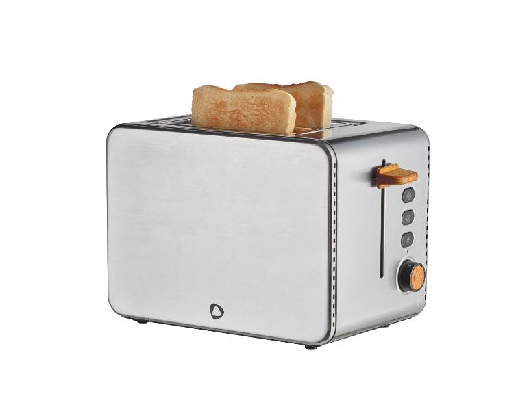 Zilveren broodrooster met twee sneetjes brood, met houten accenten en knoppen.