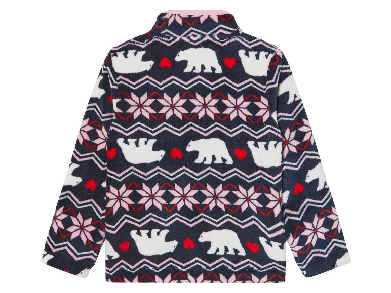 Blauwe fleece met een print van ijsberen en sneeuwvlokken.