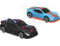 Twee speelgoedauto's voor kinderen in blauw en zwart op een zwarte achtergrond.