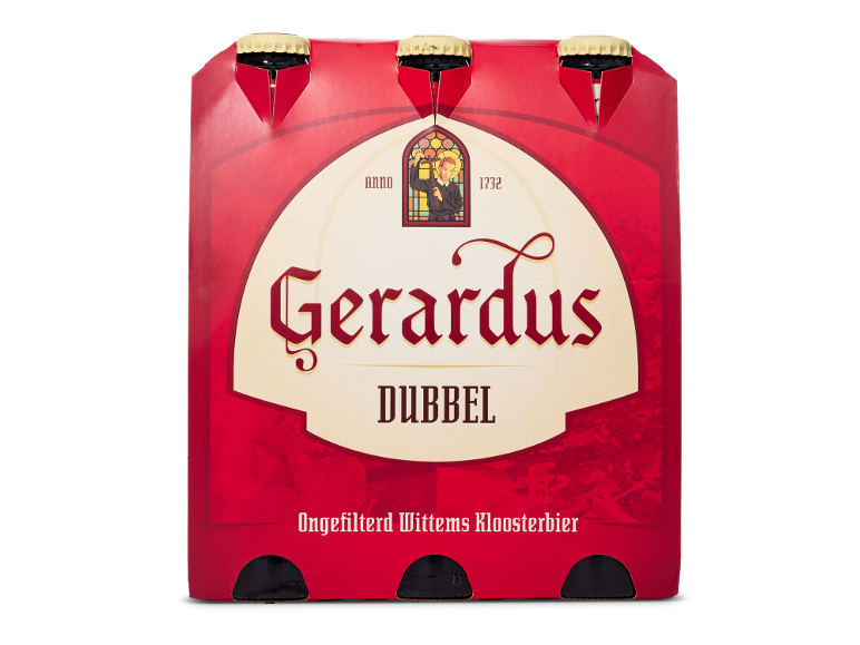 Sixpack ongefilterd dubbel abdijbier in een rode verpakking.