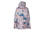 Kinder ski-jas met capuchon, roze, blauw en wit patroon, achteraanzicht.