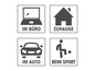 Vier pictogrammen met de tekst 'im Büro', 'zuhause', 'im Auto' en 'beim Sport'.