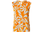 Oranje mouwloze top met wit bloemenpatroon, crêpe textuur.