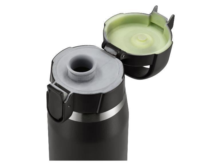 Zwarte thermosfles met open groene dop
