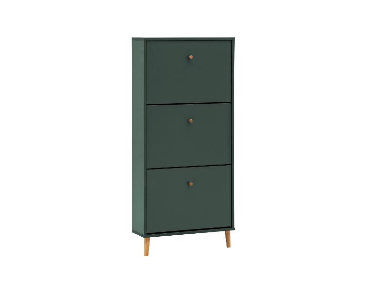 Donkergroene schoenenkast met drie vakken en houten handgrepen, op houten poten.