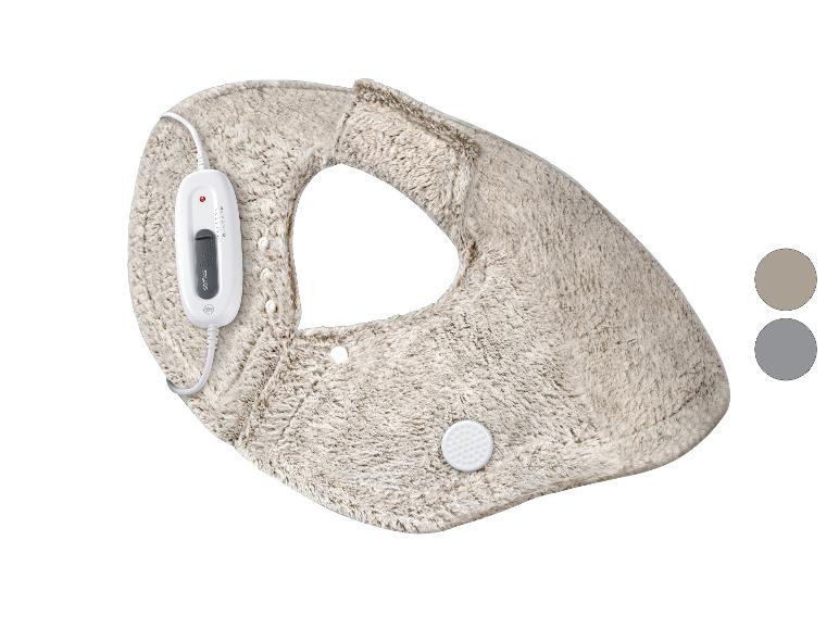 Een beige elektrisch warmtekussen met een witte controller en twee kleurstaaltjes.