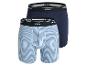 Twee paar boxershorts van Mexx, één gestreept en één effen blauw.