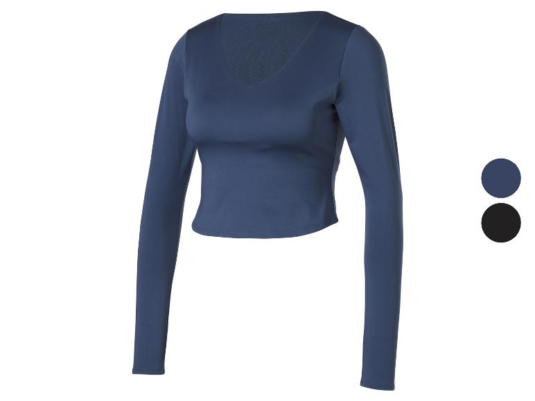 Blauwe top met lange mouwen en V-hals, met zwarte kleuroptie.
