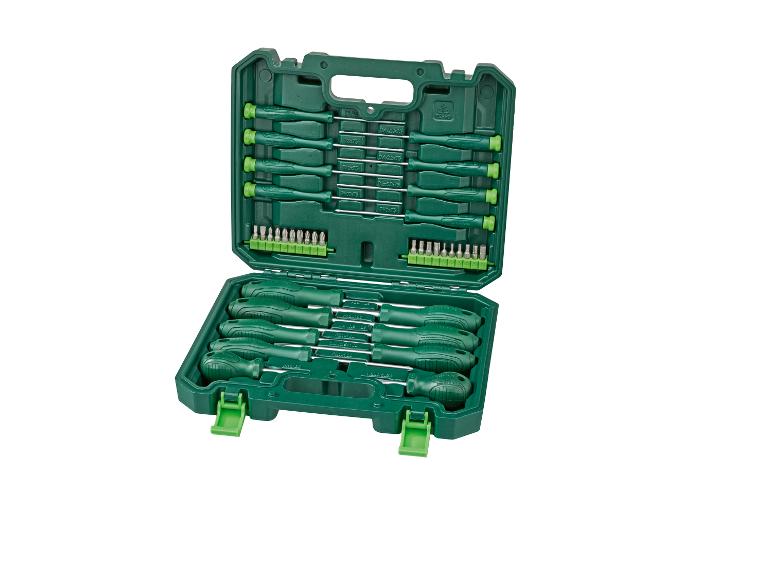 Groene schroevendraaierset met diverse maten en bits in een open koffer.