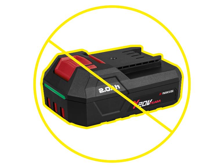 2.0 Ah accupack voor elektrisch gereedschap met een geel kruis, wat aangeeft dat het niet is inbegrepen.
