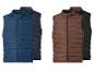Gewatteerde bodywarmers in blauw, bruin en zwart.