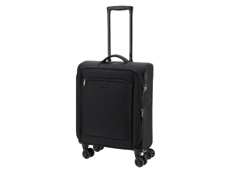 Zwarte handbagagekoffer met vier wielen en uitschuifbaar handvat