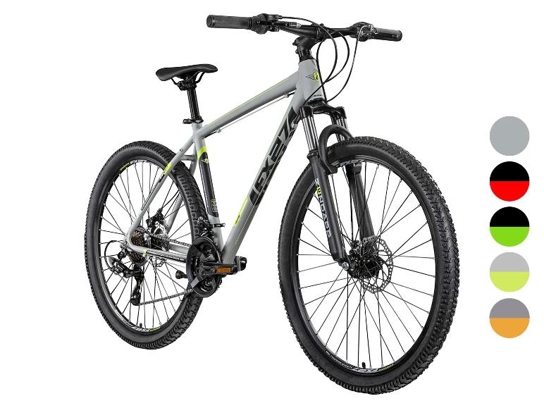 Grijze mountainbike met neongele accenten en zwarte wielen.