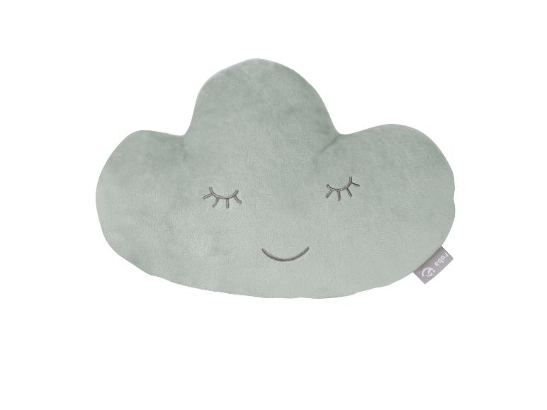Zacht wolk-vormig kussen, mintgroen, met een geborduurd gezicht.