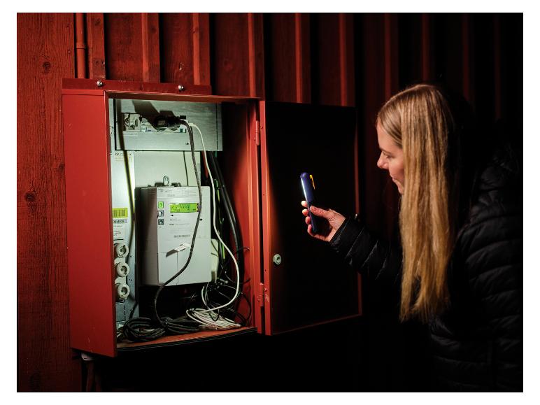 Vrouw verlicht elektriciteitsmeter in rode kast met LIVARNO® werklamp.
