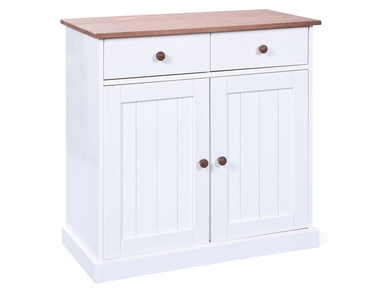Witte houten dressoir met twee lades en twee deuren.
