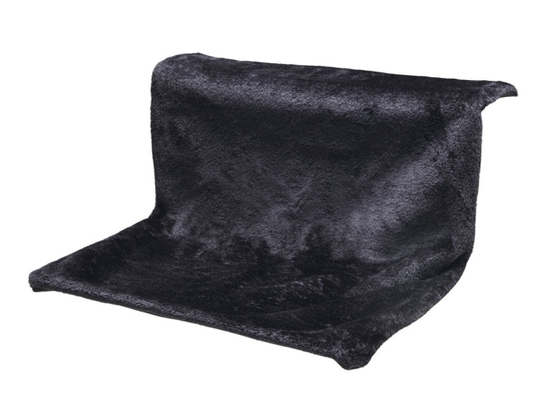 Een zwarte pluche kattenkrabpaal.