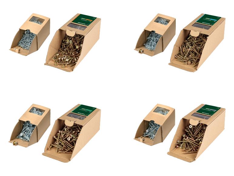 Vier paar Parkside schroefdozen, twee met zilveren en twee met gouden schroeven.