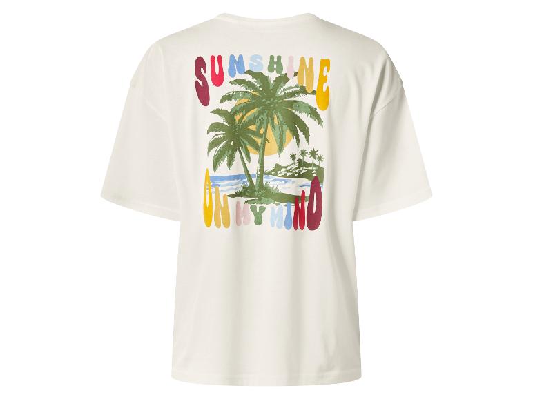 Crèmekleurig T-shirt met kleurrijke palmboomprint en de tekst 'SUNSHINE ON MY MIND'.