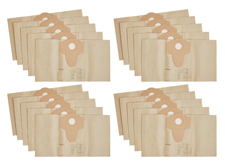 Vier stapels kraftpapieren stofzuigerzakken, met zichtbare gebruiksinstructies.