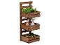 Houten wandrek met drie kratten, met planten en een spuitfles.