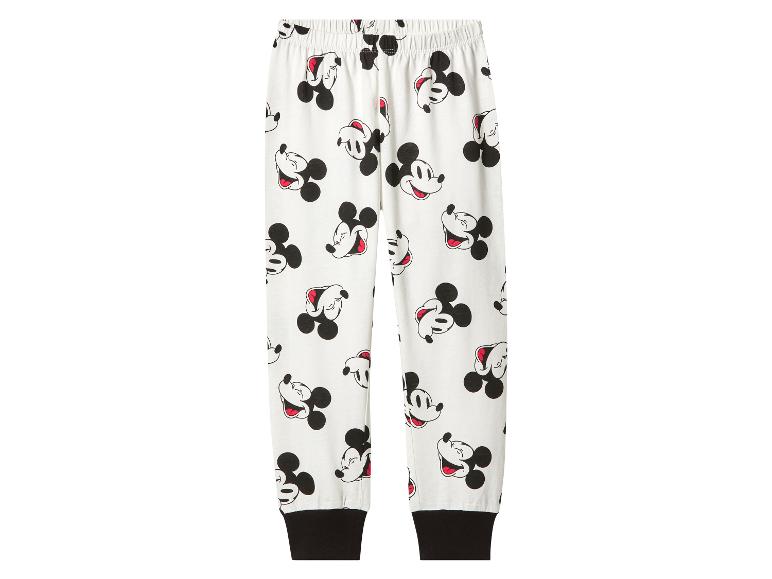 Witte pyjamabroek met Mickey Mouse-print en zwarte boorden.