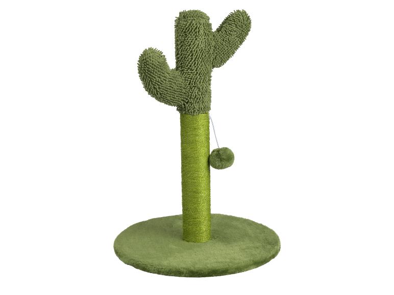 Groene krabpaal in de vorm van een cactus met een speeltje.