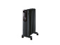 Donkergrijze olieradiator met digitaal display dat 25°C toont, op wielen.