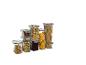 Transparante voedselcontainers gevuld met pasta, noten, bonen en koekjes.