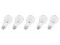 Vijf witte LED-lampen met E27 fitting, op een rij geplaatst.