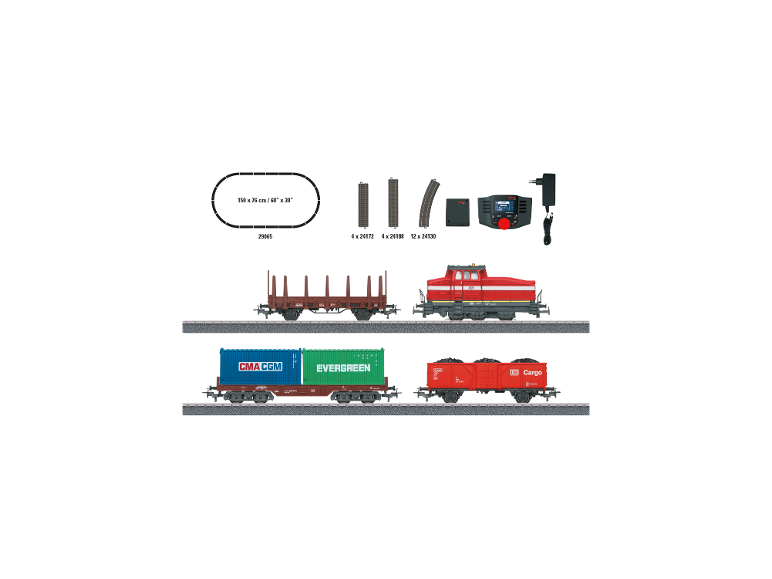Modelspoorwegset met locomotief, wagons, rails en besturingseenheid.