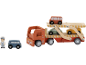 Houten speelgoed: een autotransporter met vier kleine auto's en een figuur.