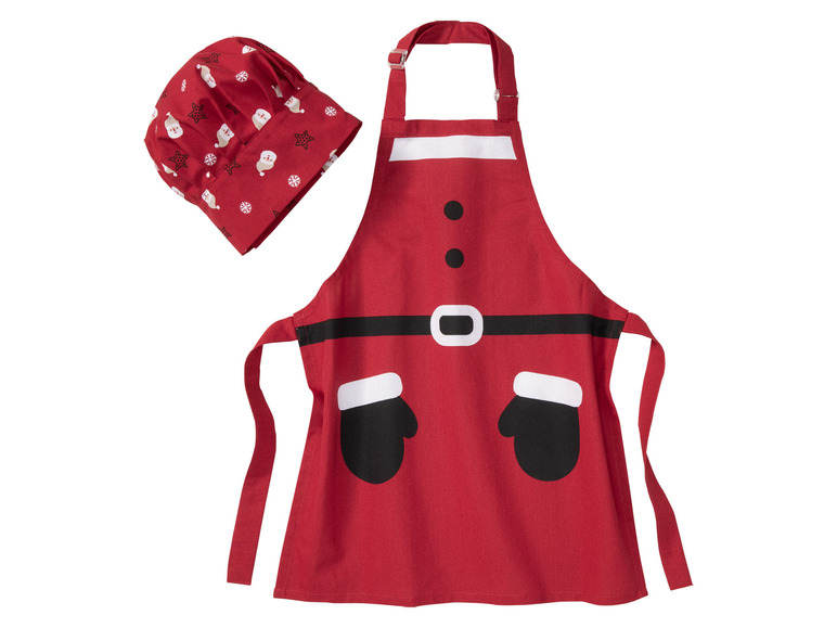 Een kerstman-schort en -kokmuts met print.