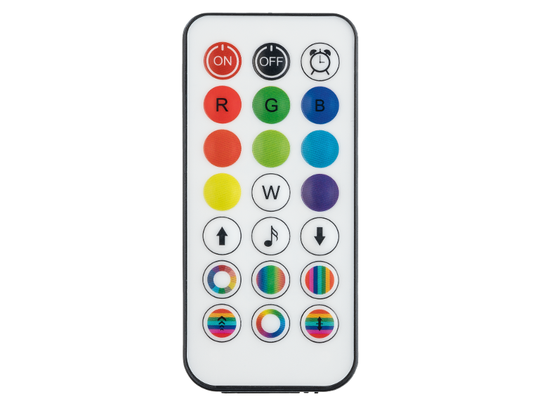 LED-afstandsbediening met aan/uit-, kleur- en functieknoppen.