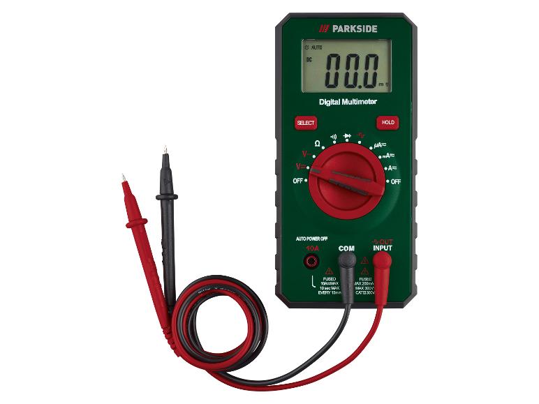 Een groene digitale multimeter van Parkside met rode en zwarte meetkabels.
