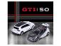 Twee speelgoedautomodellen op een achtergrond met de tekst 'GTI | 50' in rood en wit.