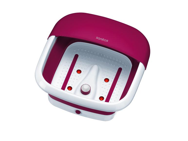 Sanitas voetenbad in wit en bordeaux met massagerollen en bubbelfunctie.