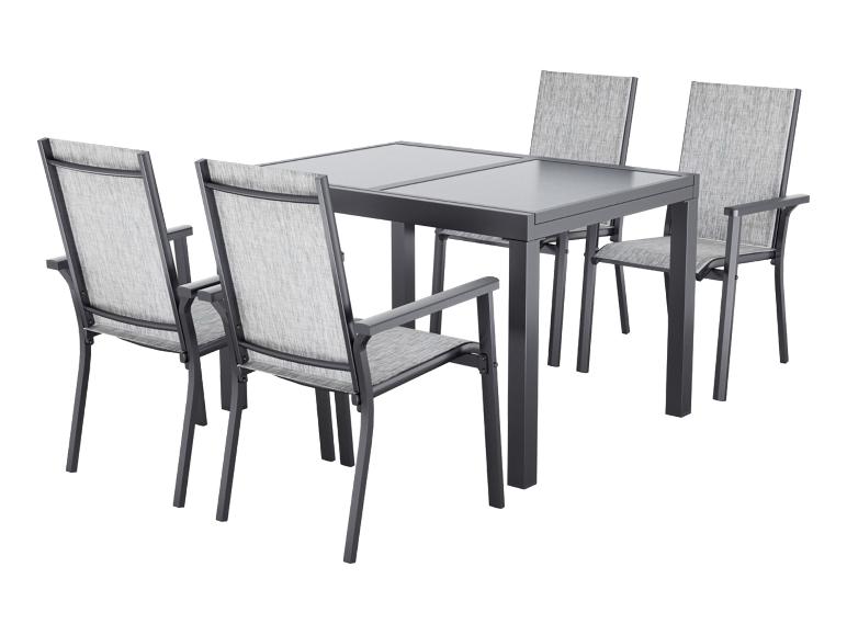 Tuinmeubelset: tafel met donkergrijs blad en vier stoelen met grijze bekleding.