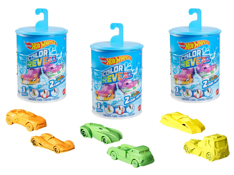 Drie blikken met Hot Wheels Color Reveal auto's, met verschillende kleuren.